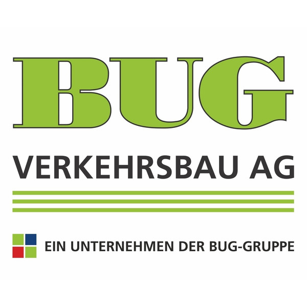 Das Logo der BUG Verkehrsbau AG in den Farben Schwarz und Grün gehalten mit dem Zusatz: Ein Unternehmen der BUG-Gruppe.