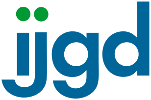 Das Logo der IJGD – Internationale Jugendgemeinschaftsdienste (ijgd) besteht aus der Abkürzung ijgd in der Farbe Blau mit grünen i-Punkten.