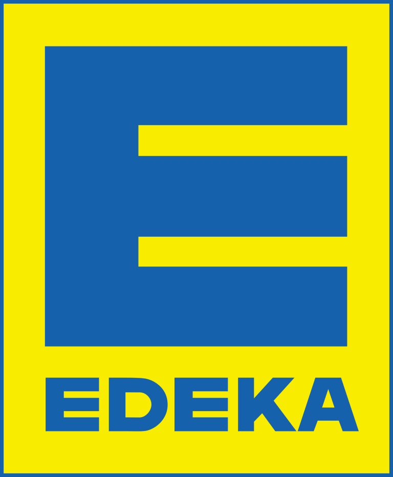 Das Logo von EDEKA Minden-Hannover mit blauer Schrift auf gelbem Grund.