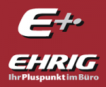 Das Logo der EHRIG GmbH. Dargestellt E+. mit dem Slogan Ehrig Ihr Pluspunkt im Büro in weißer Schrift auf rotem Grund.
