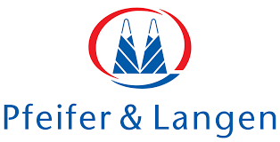 Das Logo der Pfeifer & Langen GmbH & Co. KG zeigt in der Mitt zwei Berge, die von einem roten Kreis umschlossen sind. Darunter steht der Firmenname Pfeifer & Langen in Blau.