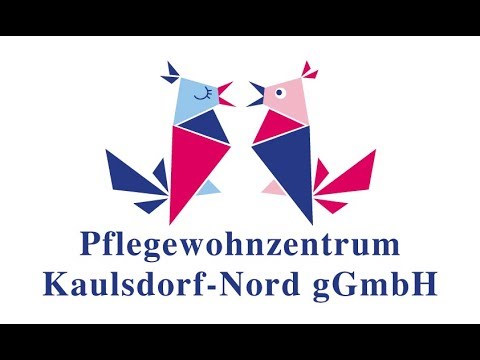 Das Logo der Pflegewohnzentrum Kaulsdorf-Nord gGmbH zeigt zwei Vögel aus dreieckigen Formen in den Farbe Rosa und Blau. Darunter in Blau gehalten die Schrift.