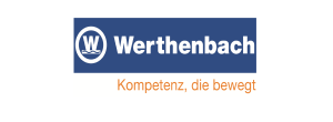 Das Logo der Carl Werthenbach Konstruktionsteile GmbH & Co. KG zeigt ein blaues Rechteck mit Werthenbach in weißer Schrift und darunter den Zusatz Kompetenz, die bewegt in der Farbe Orange.