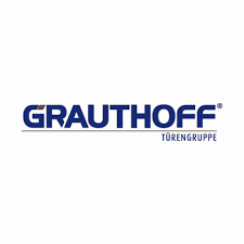 Das Logo der Grauthoff Türengruppe enthält den Firmennamen. In der Mitte steht GRAUTHOFF in blauer Farbe und darunter in kleinerer Auführung Türengruppe. Das Logo dient unterstützend der Veranschaulichung/ Präsentation des Unternehmens auf der Anbieterseite alle-ausbildungsstellen.de für Ausbildungsstellen.